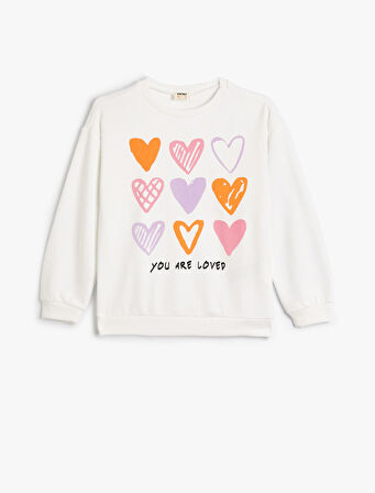 Sweatshirt Uzun Kollu Bisiklet Yaka Kalp Baskı Detaylı Pamuklu