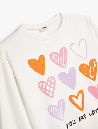 Sweatshirt Uzun Kollu Bisiklet Yaka Kalp Baskı Detaylı Pamuklu