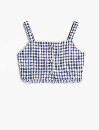 Crop Bluz Askılı Tüvit Çiçek Düğme Detaylı
