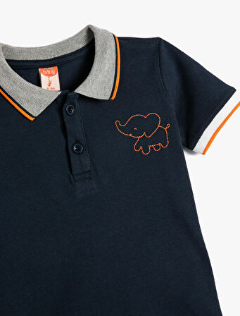 Polo Yaka Tişört Fil İşlemeli Düğmeli Kısa Kollu Pamuklu