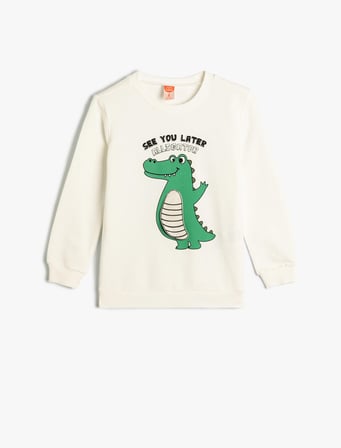 Dinozorlu Sweatshirt Bisiklet Yaka Uzun Kollu Pamuklu
