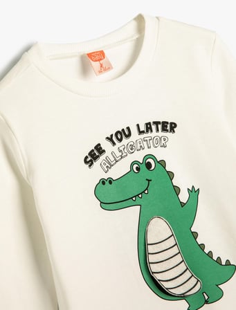 Dinozorlu Sweatshirt Bisiklet Yaka Uzun Kollu Pamuklu