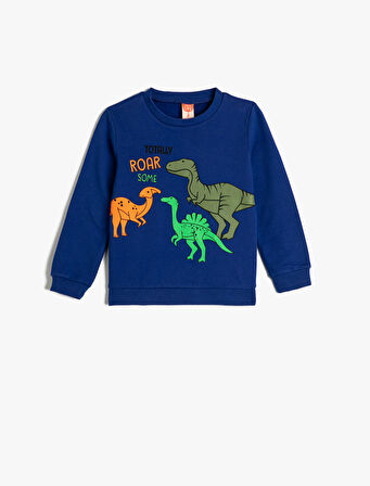 Sweatshirt Dinozor Baskılı Bisiklet Yaka Uzun Kollu Şardonlu Pamuklu