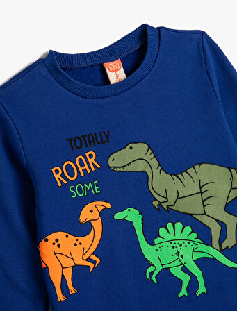 Sweatshirt Dinozor Baskılı Bisiklet Yaka Uzun Kollu Şardonlu Pamuklu