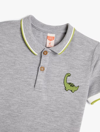 Polo Yaka Tişört Kısa Kollu Dinozor İşleme Detaylı Düğmeli