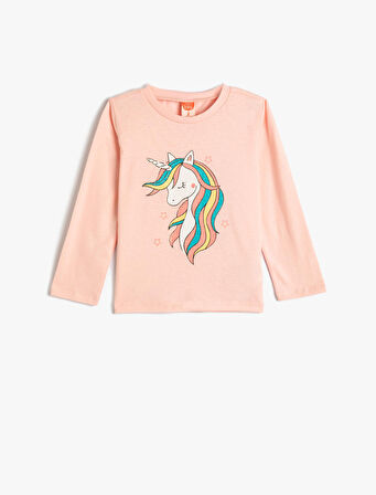Tişört Uzun Kollu Bisiklet Yaka Unicorn Baskılı Pamuklu