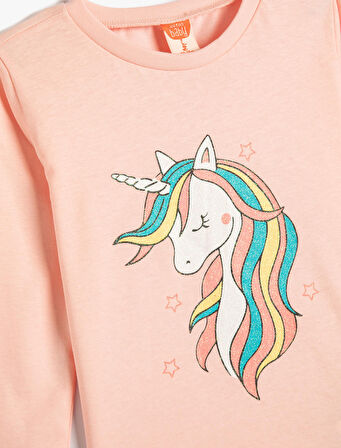 Tişört Uzun Kollu Bisiklet Yaka Unicorn Baskılı Pamuklu