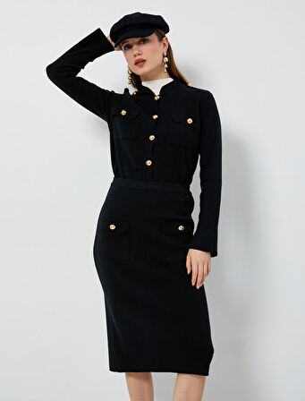 Midi Triko Etek Cepli Düğmeli Standart Bel