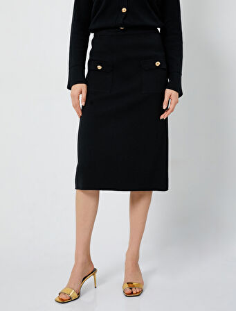 Midi Triko Etek Cepli Düğmeli Standart Bel