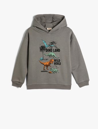 Kapşonlu Dinozorlu Sweat Baskılı Uzun Kollu Şardonlu 