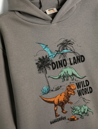 Kapşonlu Dinozorlu Sweat Baskılı Uzun Kollu Şardonlu 