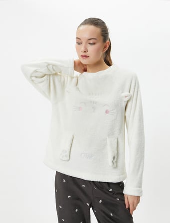 Polar Pijama Üstü Kedi Figürlü Uzun Kollu Bisiklet Yaka