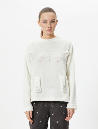 Polar Pijama Üstü Kedi Figürlü Uzun Kollu Bisiklet Yaka