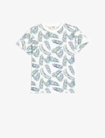 Tişört Yaprak Baskılı Kısa Kollu Bisiklet Yaka Pamuklu