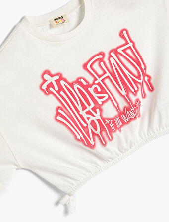 Crop Tişört Slogan Baskılı Kısa Kollu Bisiklet Yaka Pamuklu