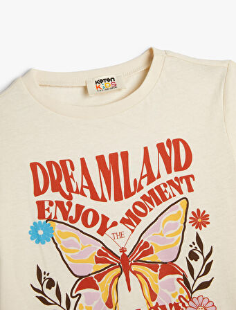 Tişört Kısa Kollu Bisiklet Yaka Kelebek Baskılı Pamuklu