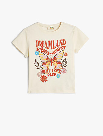 Tişört Kısa Kollu Bisiklet Yaka Kelebek Baskılı Pamuklu