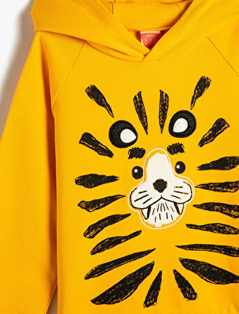 Kapşonlu Sweatshirt Uzun Kollu Aslan Baskılı Pamuklu