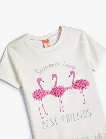 Kısa Kollu Püsküllü Tişört Bisiklet Yaka Aplikeli Flamingo Baskılı Pamuklu