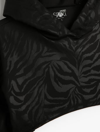 Kapşonlu Crop Spor Sweatshirt Zebra Desenli Uzun Kollu