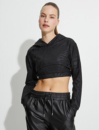 Kapşonlu Crop Spor Sweatshirt Zebra Desenli Uzun Kollu