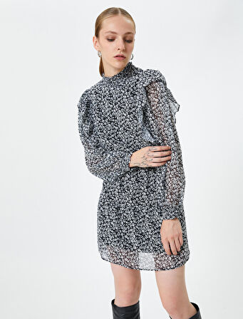 Çiçekli Şifon Elbise Dik Yaka Fırfırlı Balon Kollu