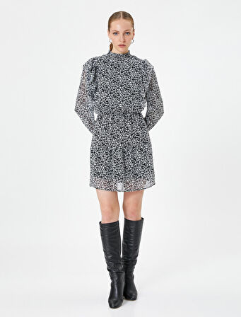 Çiçekli Şifon Elbise Dik Yaka Fırfırlı Balon Kollu