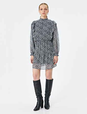 Çiçekli Şifon Elbise Dik Yaka Fırfırlı Balon Kollu