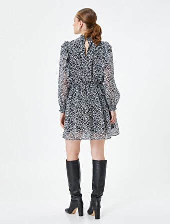 Çiçekli Şifon Elbise Dik Yaka Fırfırlı Balon Kollu