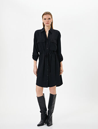 Gömlek Elbise Beli Bağlamalı Düğmeli Cep Detaylı