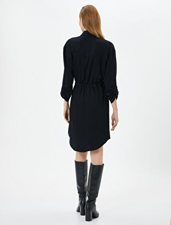 Gömlek Elbise Beli Bağlamalı Düğmeli Cep Detaylı