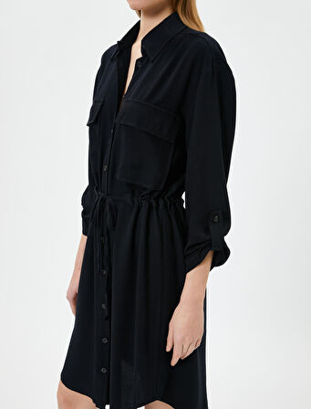 Gömlek Elbise Beli Bağlamalı Düğmeli Cep Detaylı