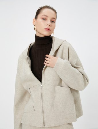 Oversize Fermuarlı Kapşonlu Hırka Cepli
