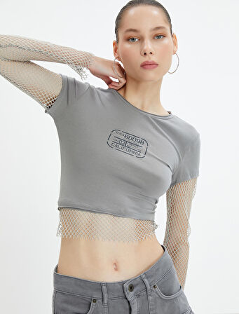 Crop Tişört File Detaylı Kısa Kollu Bisiklet Yaka Pamuklu