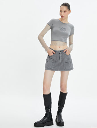 Crop Tişört File Detaylı Kısa Kollu Bisiklet Yaka Pamuklu