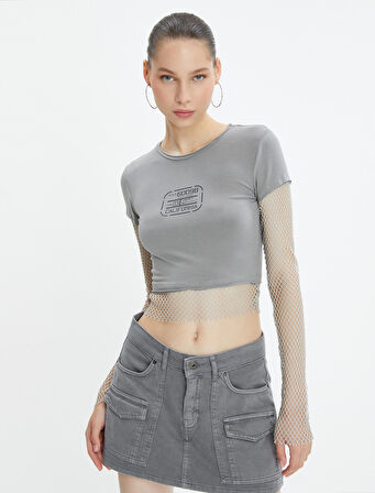 Crop Tişört File Detaylı Kısa Kollu Bisiklet Yaka Pamuklu