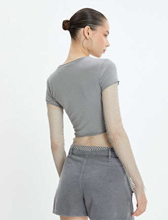 Crop Tişört File Detaylı Kısa Kollu Bisiklet Yaka Pamuklu