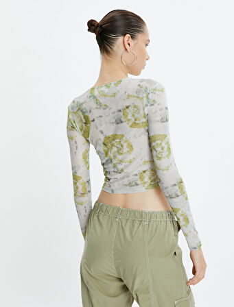 Batik Desenli Crop Bluz Uzun Kollu Bisiklet Yaka Dikiş Detaylı