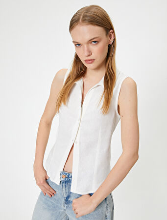 Keten Karışımlı Gömlek Crop Kolsuz Klasik Yaka Slim Fit