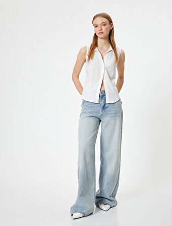 Keten Karışımlı Gömlek Crop Kolsuz Klasik Yaka Slim Fit