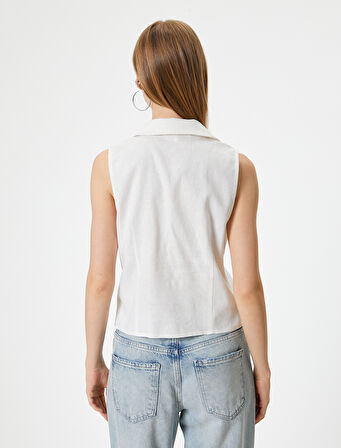 Keten Karışımlı Gömlek Crop Kolsuz Klasik Yaka Slim Fit