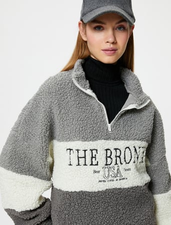 Peluş Sweatshirt Yarım Fermuarlı Dik Yaka Renk Bloklu