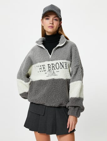 Peluş Sweatshirt Yarım Fermuarlı Dik Yaka Renk Bloklu