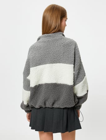 Peluş Sweatshirt Yarım Fermuarlı Dik Yaka Renk Bloklu
