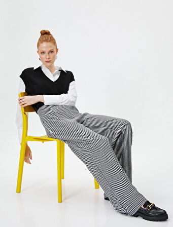 Palazzo Pantolon Kaz Ayağı Desenli Yüksek Bel Cepli