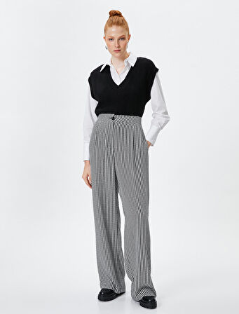 Palazzo Pantolon Kaz Ayağı Desenli Yüksek Bel Cepli