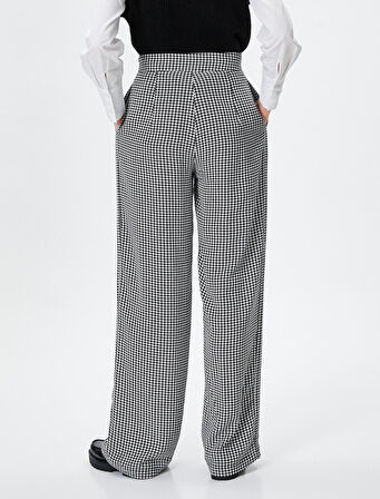 Palazzo Pantolon Kaz Ayağı Desenli Yüksek Bel Cepli