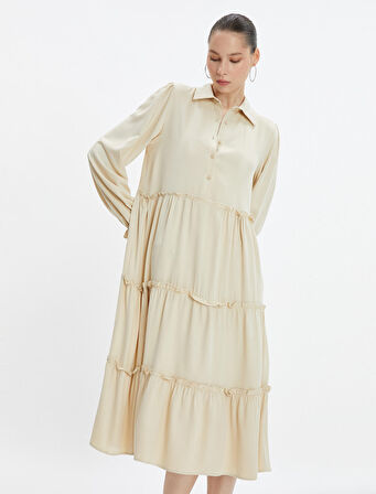 Maksi Elbise Uzun Kollu Gömlek Yaka Düğme Detaylı Viskon Kumaş