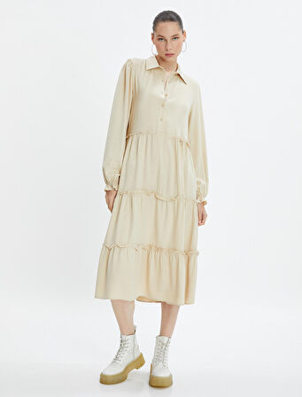 Maksi Elbise Uzun Kollu Gömlek Yaka Düğme Detaylı Viskon Kumaş