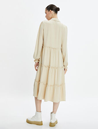 Maksi Elbise Uzun Kollu Gömlek Yaka Düğme Detaylı Viskon Kumaş